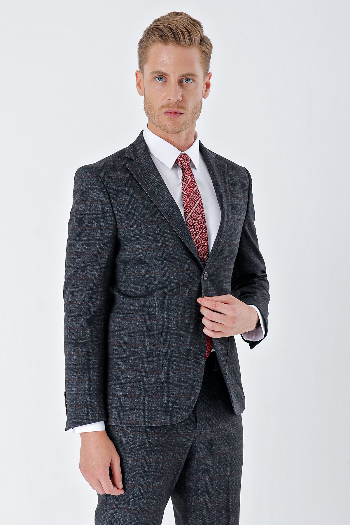 Slim-Fit Check Suit - Grey