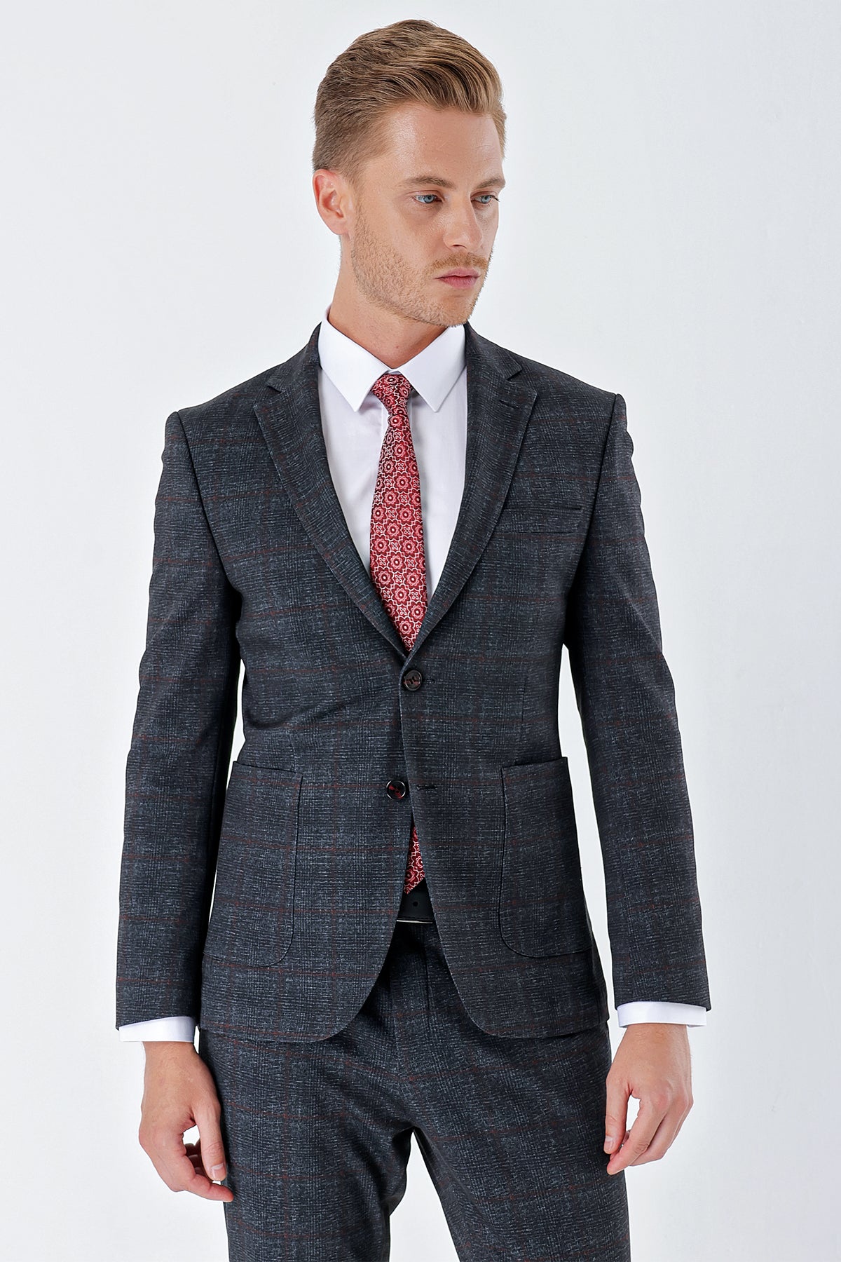 Slim-Fit Check Suit - Grey