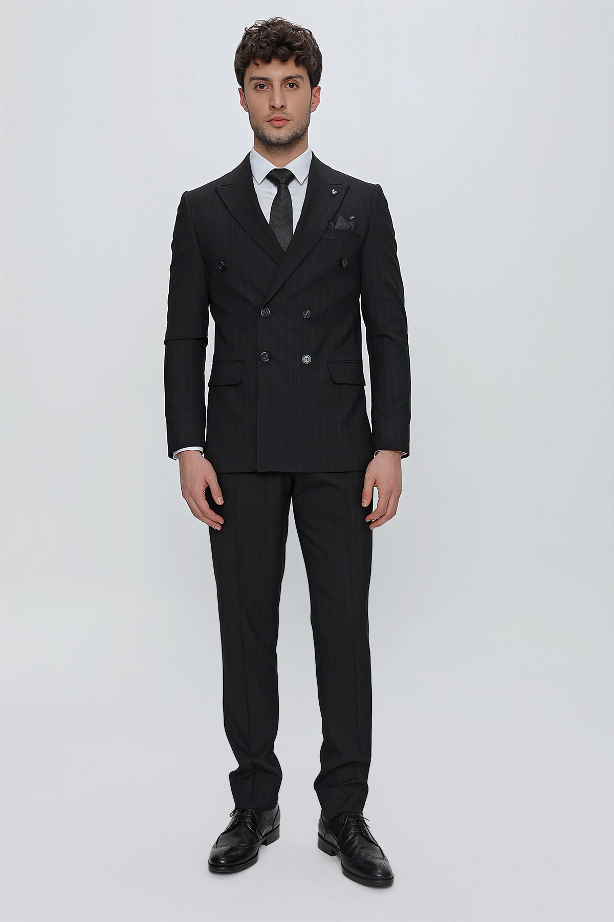 Slim-Fit Striped Double Breasted Suit Black