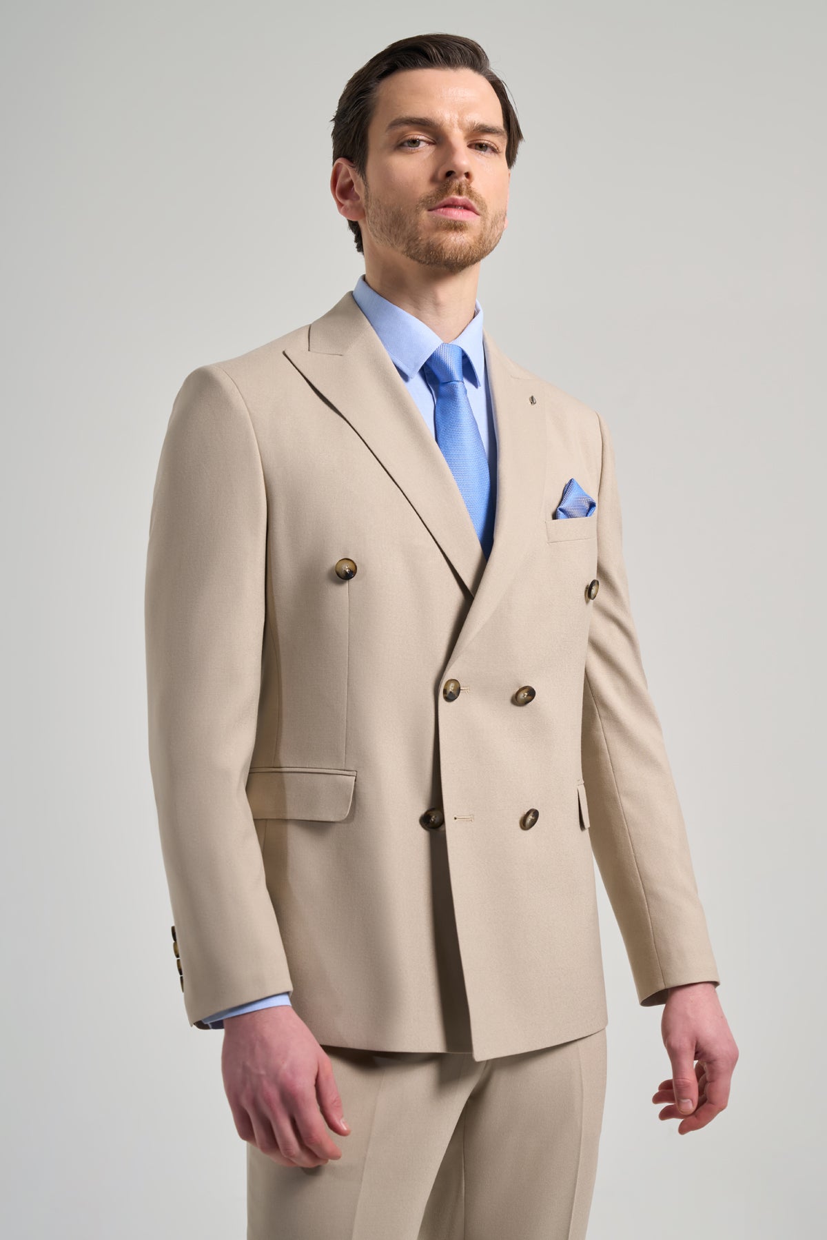 Slim-Fit Double Breasted Suit - Beige