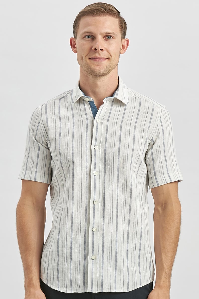 Slim-Fit Short Sleeve Striped Shirt - Navy Slim-Fit Short Sleeve Striped Shirt - Navy