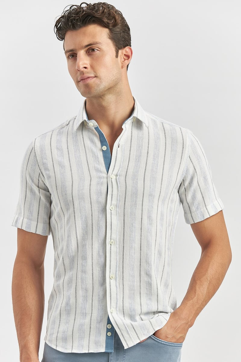 Blue Slim-Fit Short Sleeve Striped Shirt