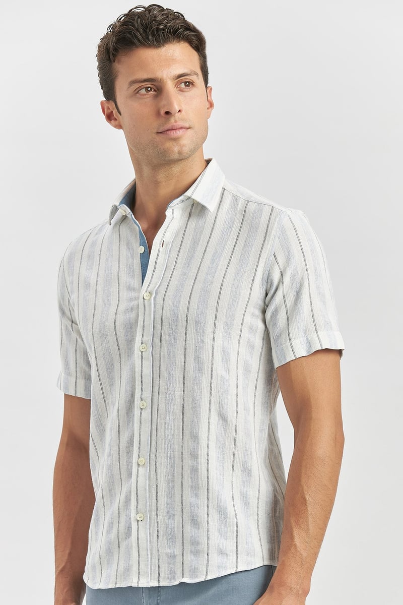 Blue Slim-Fit Short Sleeve Striped Shirt
