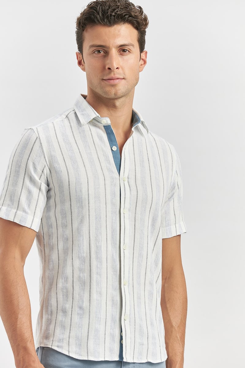Blue Slim-Fit Short Sleeve Striped Shirt