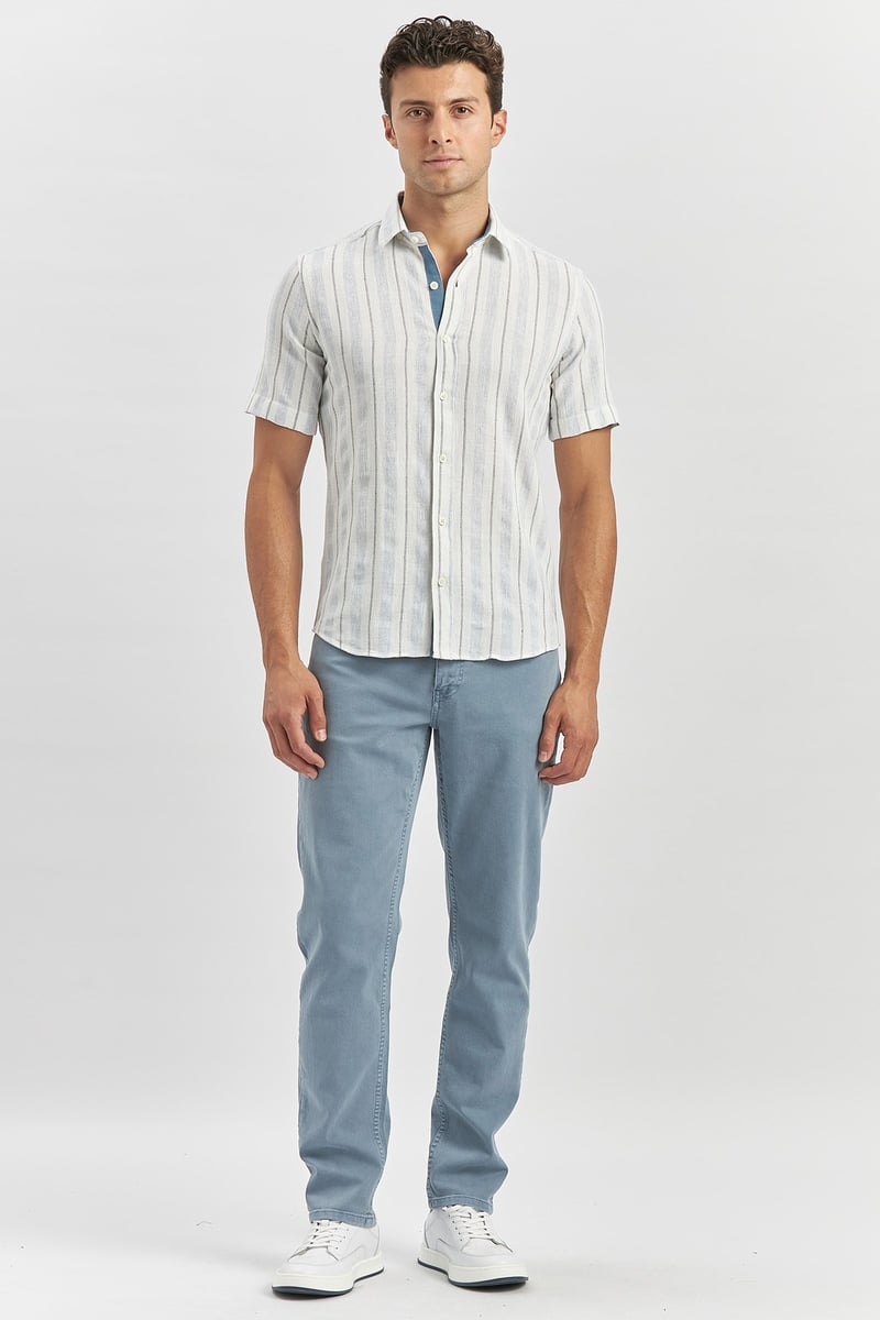 Blue Slim-Fit Short Sleeve Striped Shirt