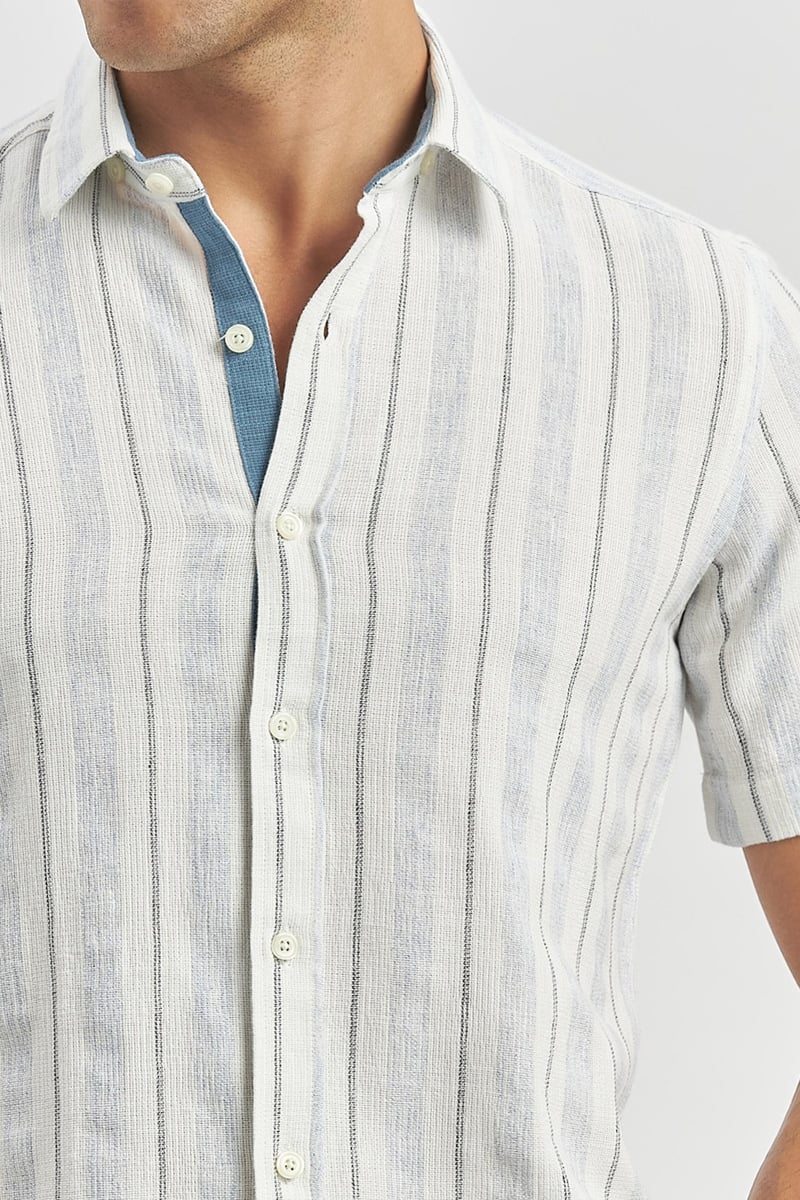 Blue Slim-Fit Short Sleeve Striped Shirt