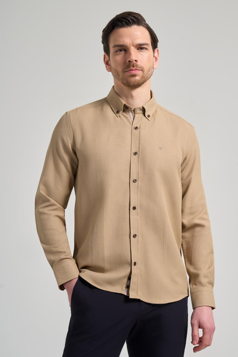 Slim-Fit Textured Shirt - Beige