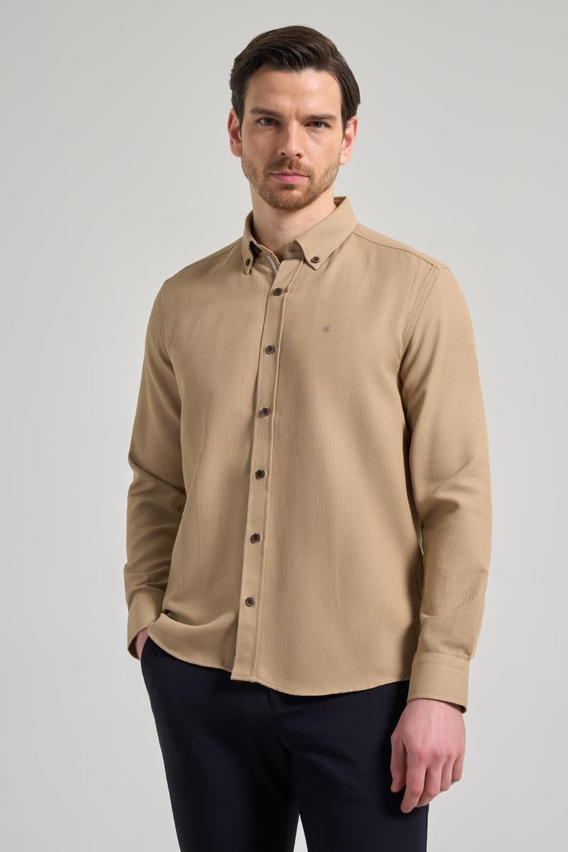 Slim-Fit Textured Shirt - Beige