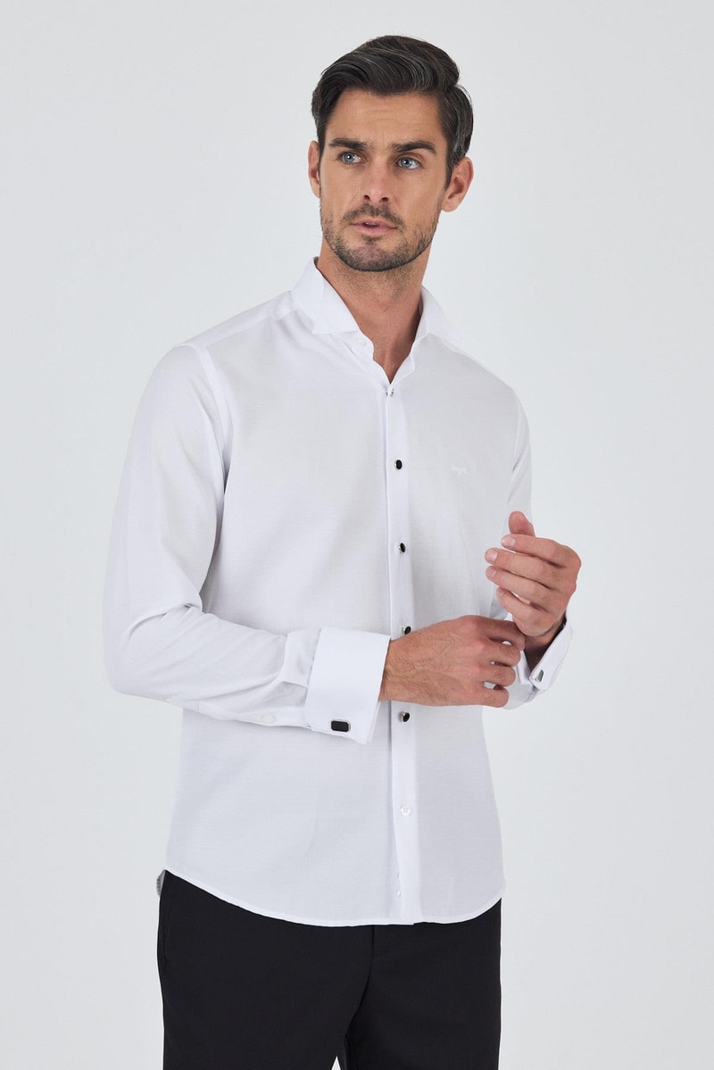 Slim-Fit Black Buttons Tuxedo Shirt - White