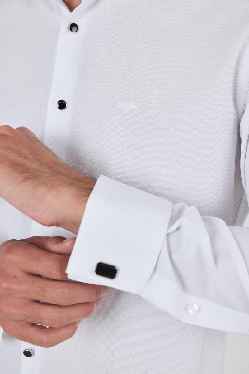 Slim-Fit Black Buttons Tuxedo Shirt - White
