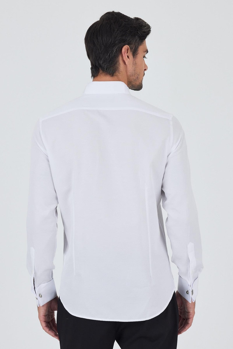 Slim-Fit Black Buttons Tuxedo Shirt - White