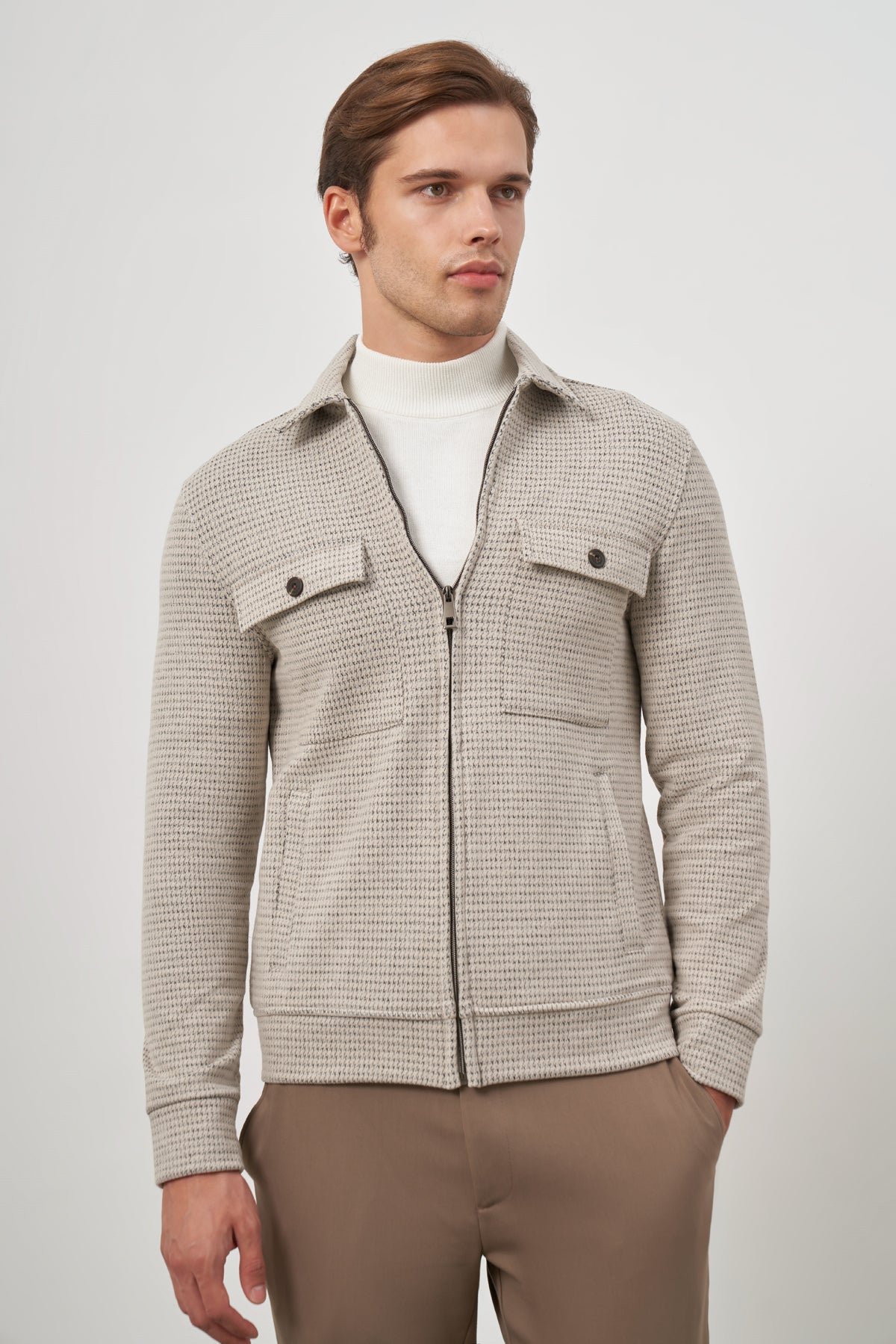 Slim-Fit Textured Jacket - Beige