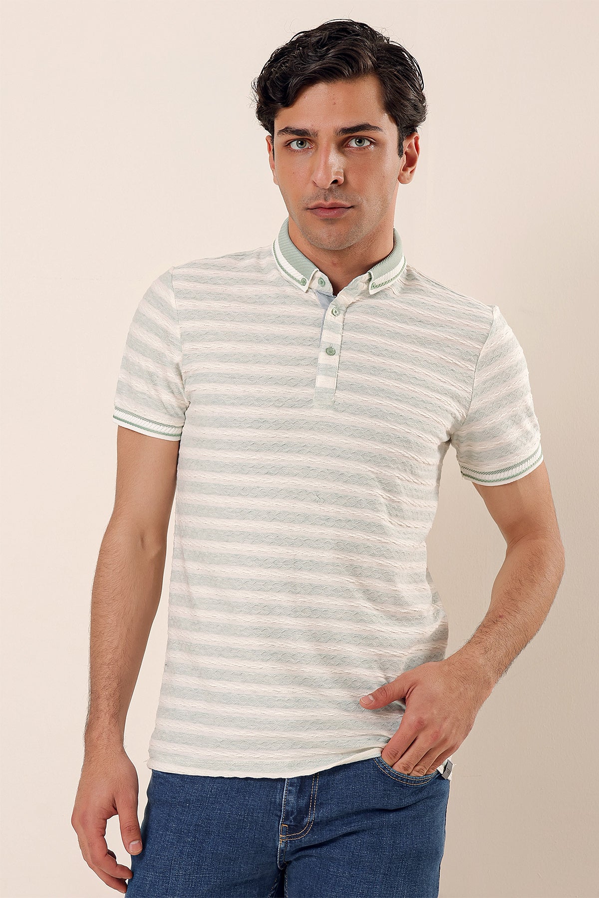 Slim-Fit Striped Polo Shirt - Mint-Green