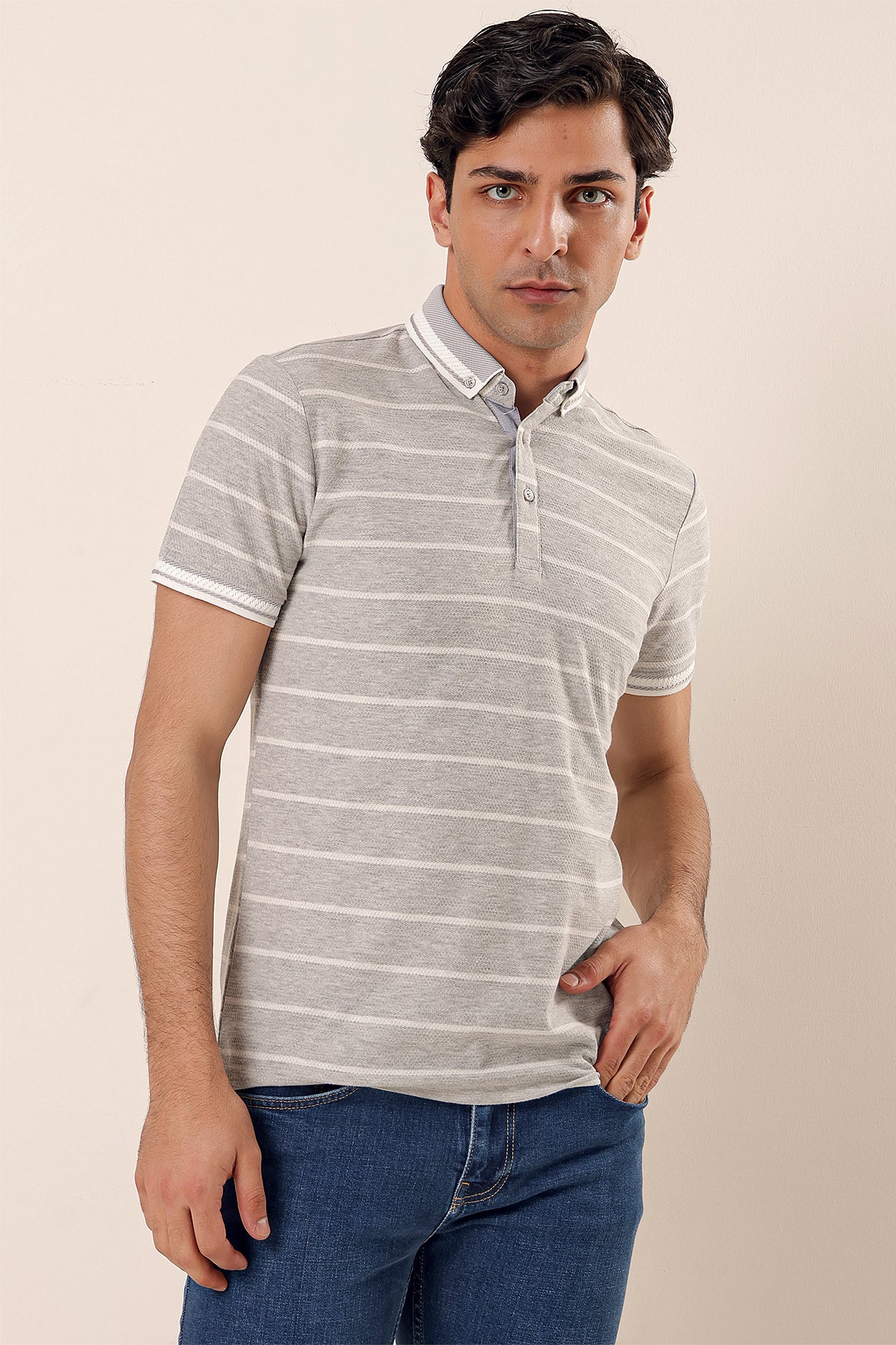 Slim-Fit Striped Polo Shirt - Grey