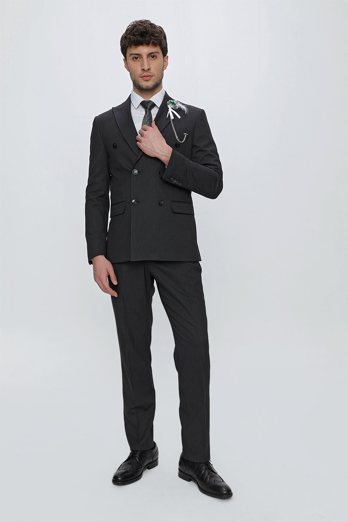 Slim-Fit Double Breasted Suit - Black