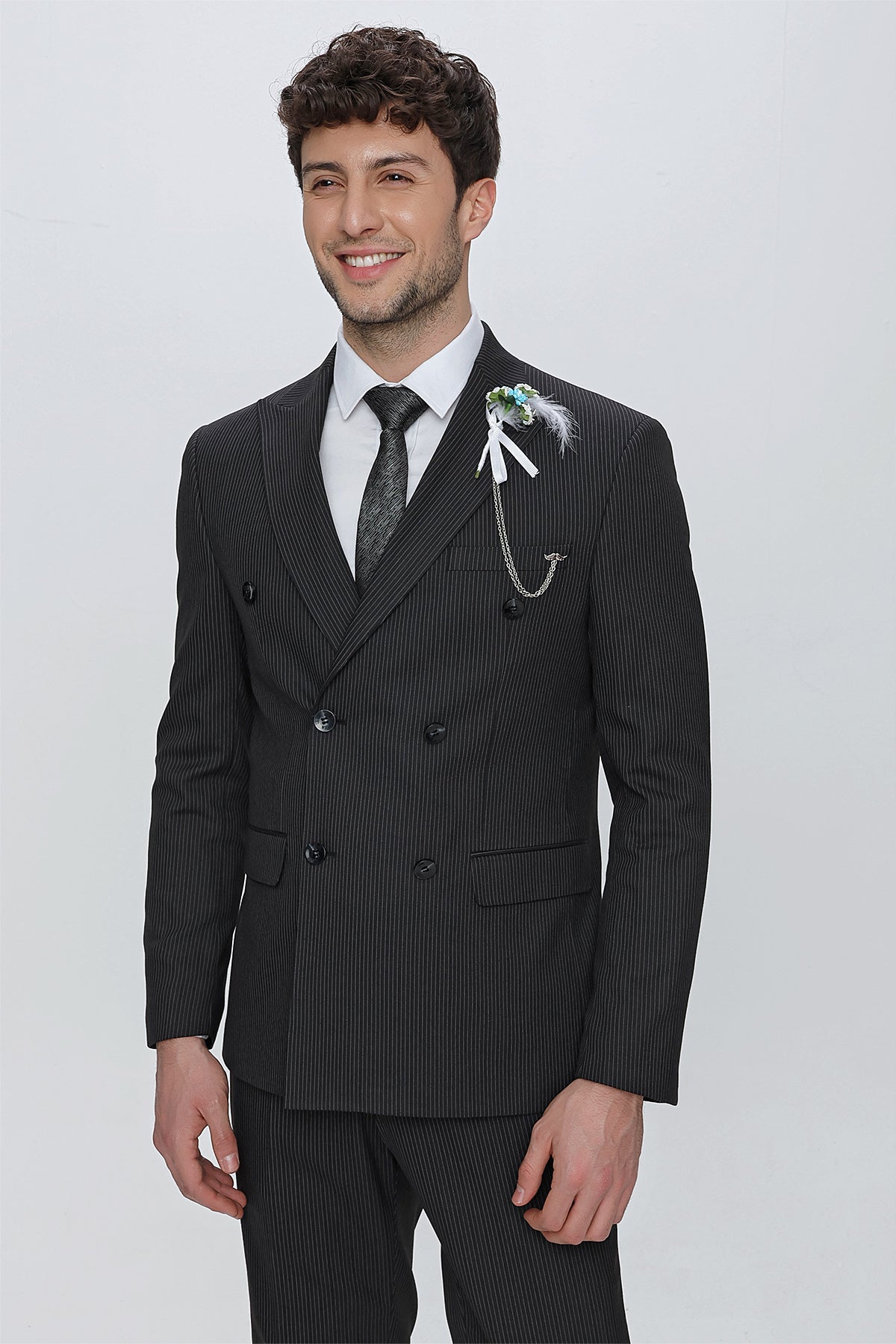 Slim-Fit Double Breasted Suit - Black