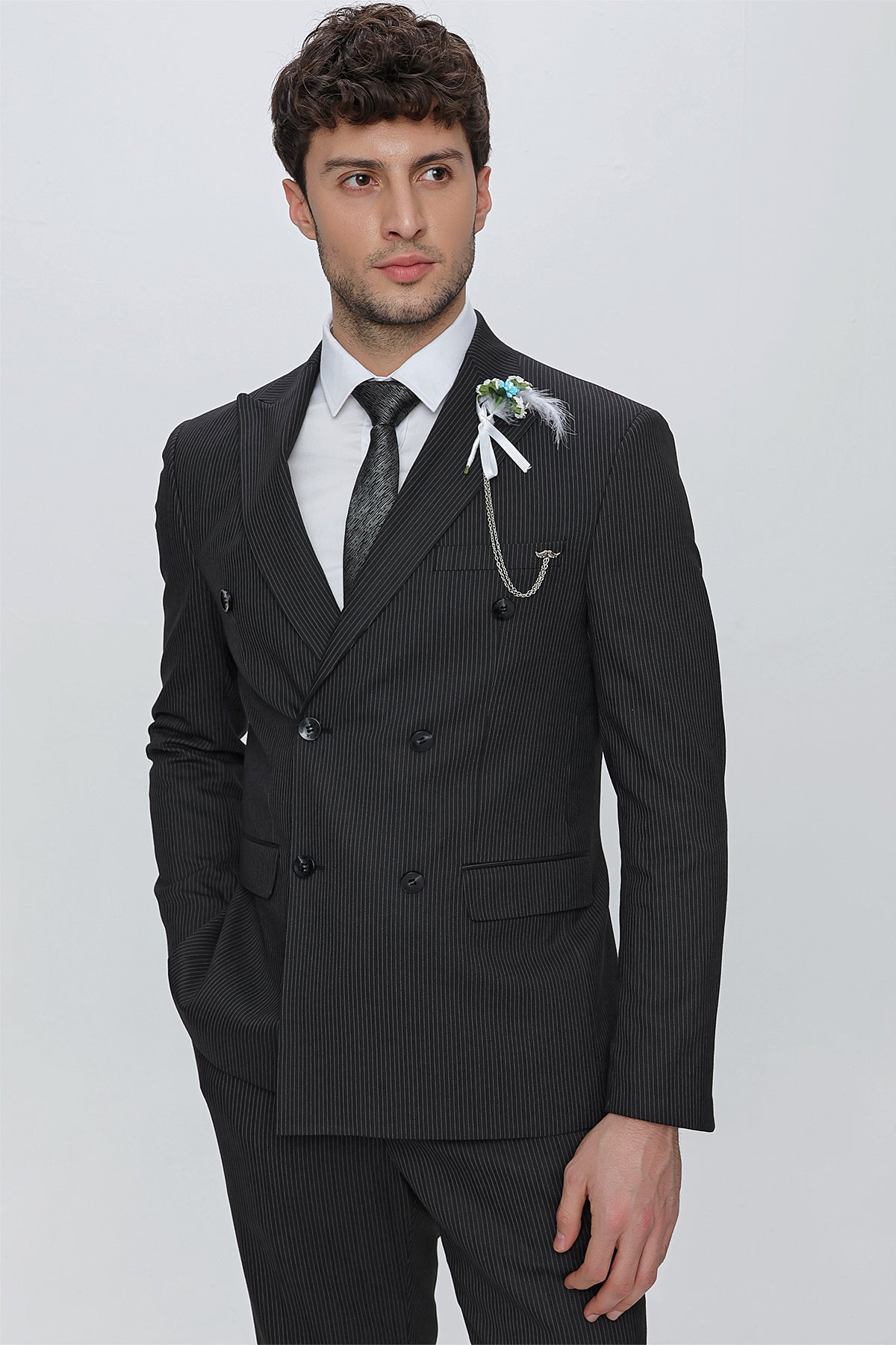 Slim-Fit Double Breasted Suit - Black