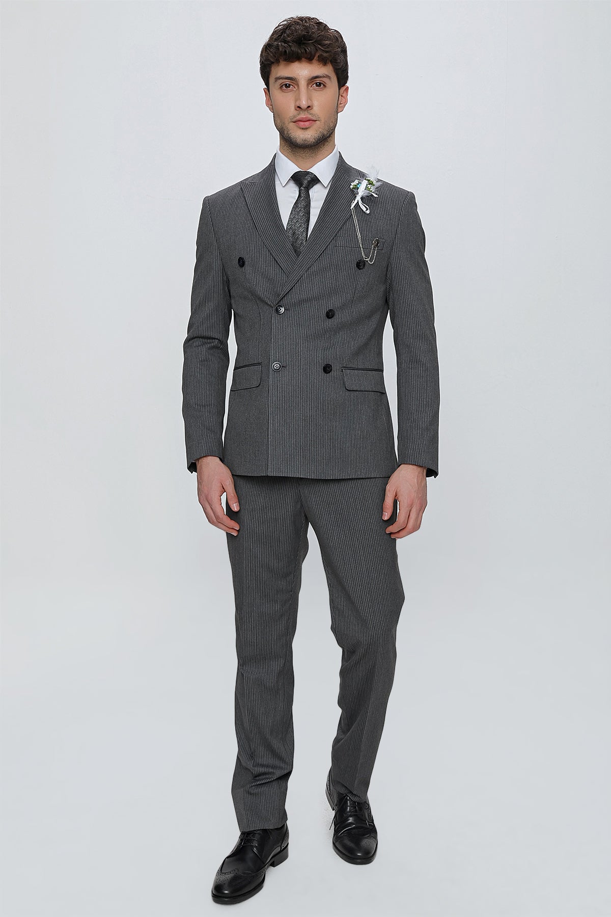 Slim-Fit Double Breasted Suit - Dark Grey