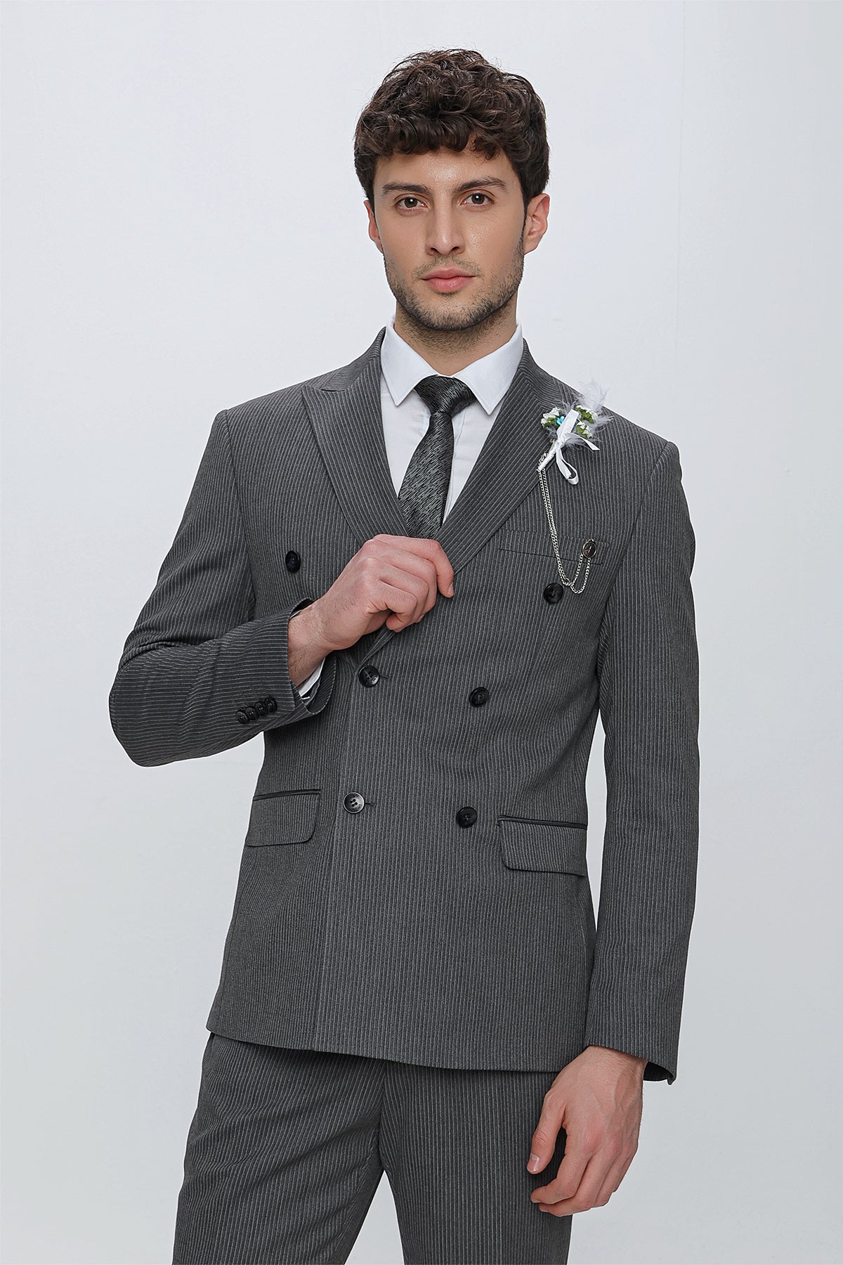 Slim-Fit Double Breasted Suit Dark Grey