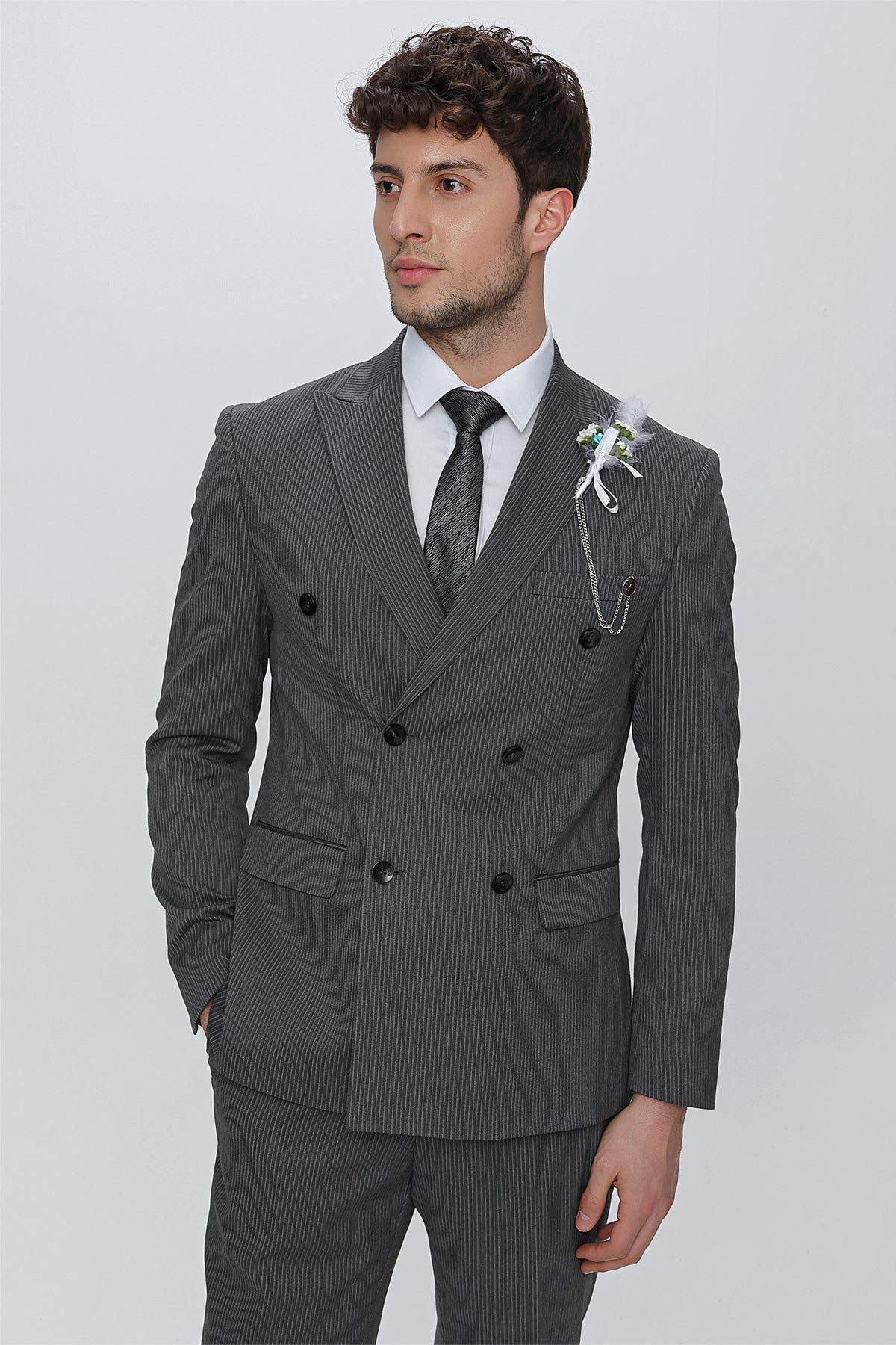 Slim-Fit Double Breasted Suit - Dark Grey