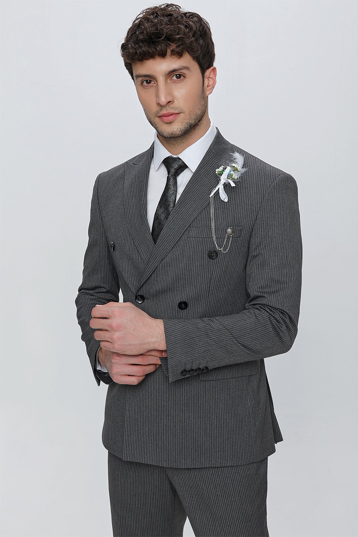 Slim-Fit Double Breasted Suit - Dark Grey