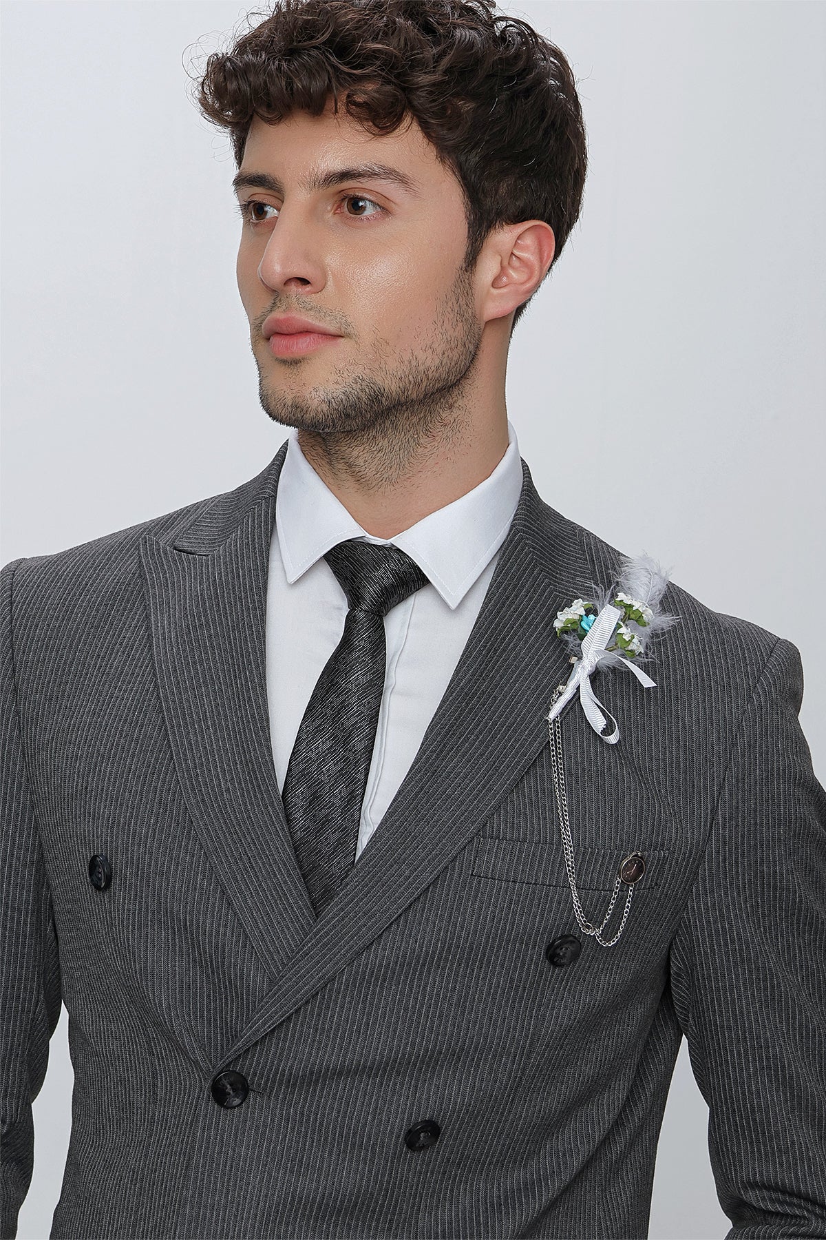 Slim-Fit Double Breasted Suit - Dark Grey