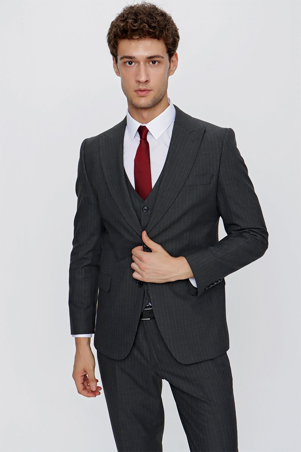 Slim-Fit Striped Vest Suit - Dark Grey