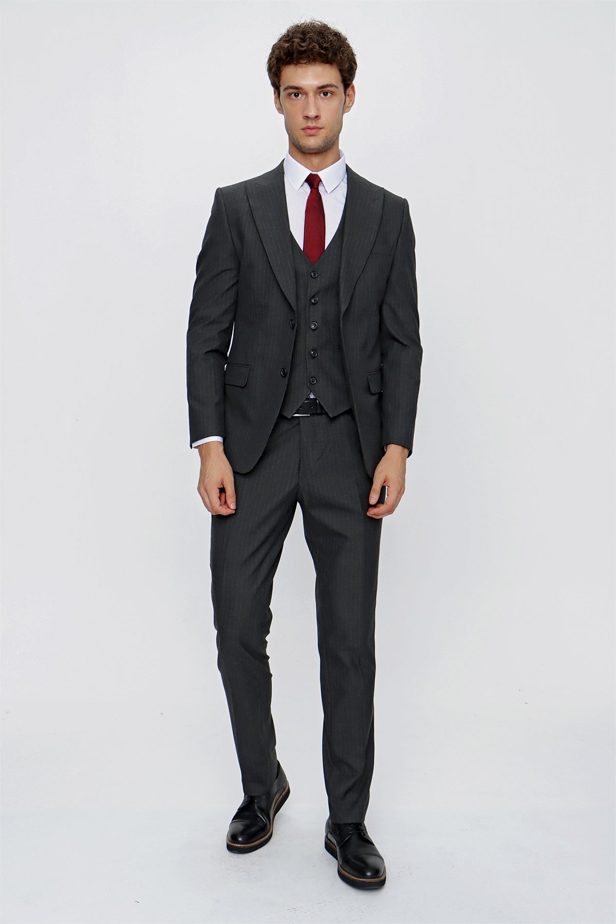 Slim-Fit Striped Vest Suit - Dark Grey