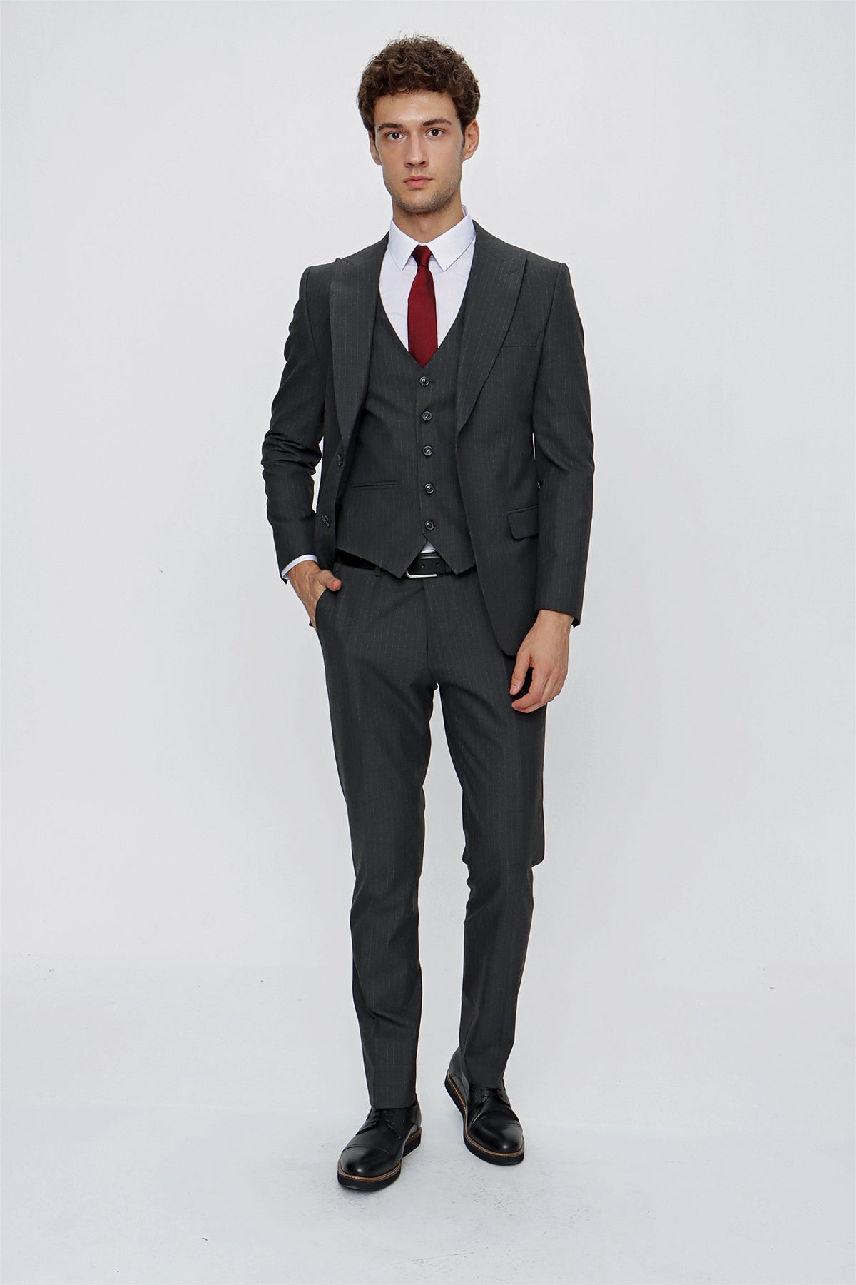 Slim-Fit Striped Vest Suit - Dark Grey