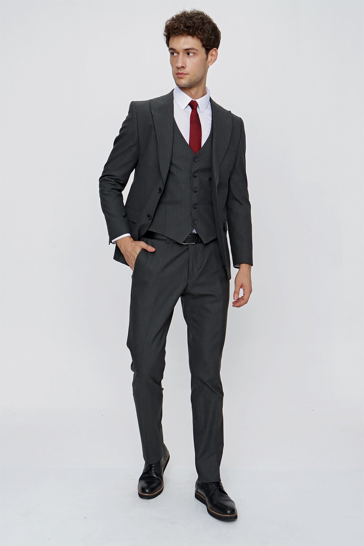 Slim-Fit Striped Vest Suit - Dark Grey