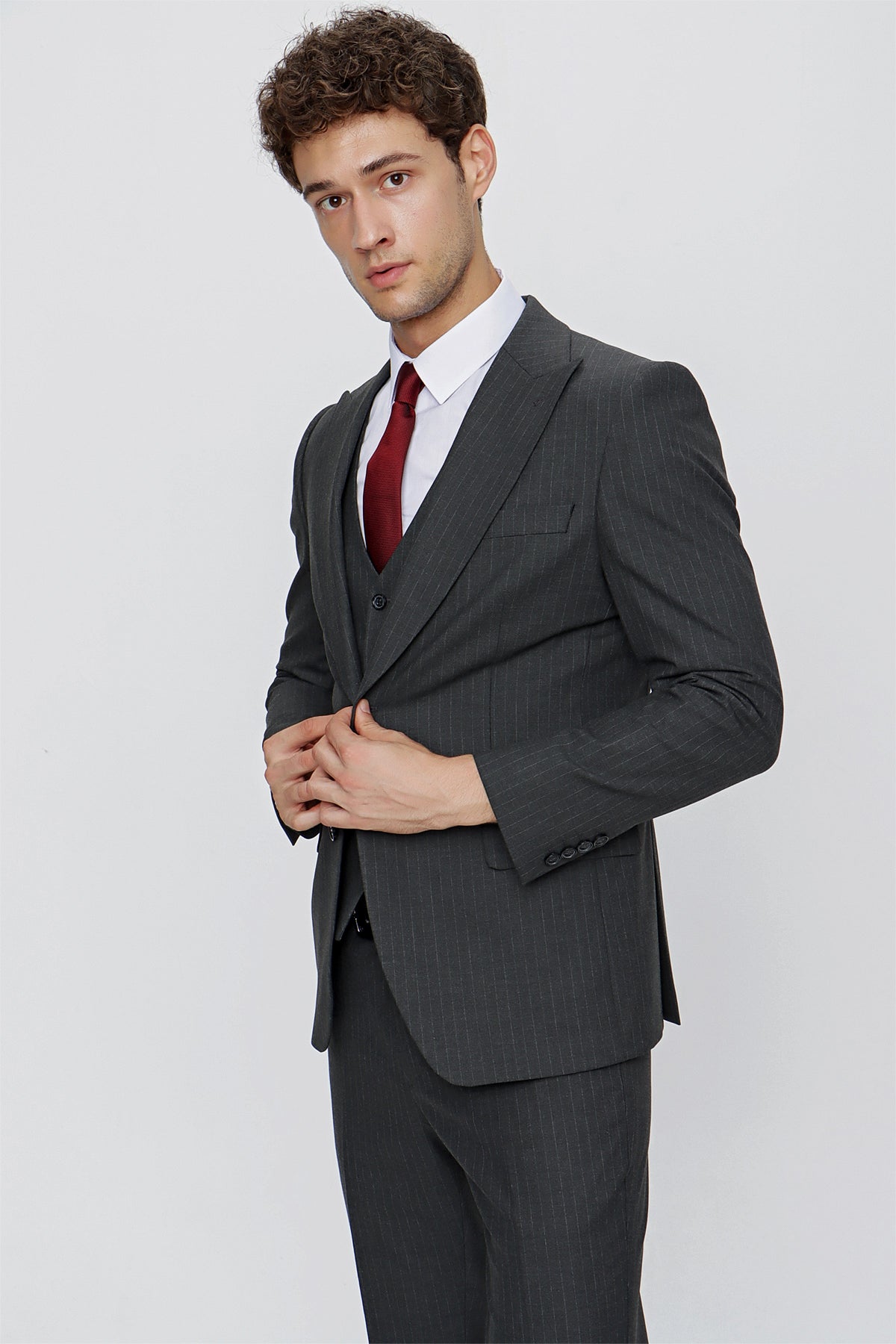 Slim-Fit Striped Vest Suit - Dark Grey