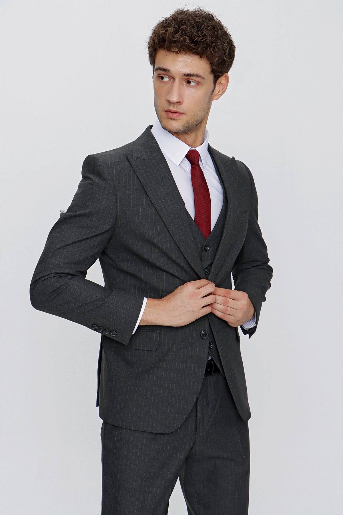 Slim-Fit Striped Vest Suit - Dark Grey