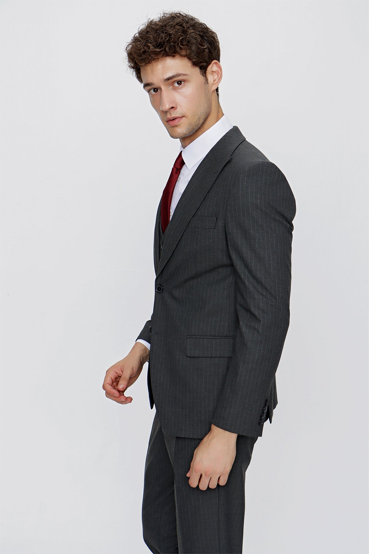 Slim-Fit Striped Vest Suit - Dark Grey