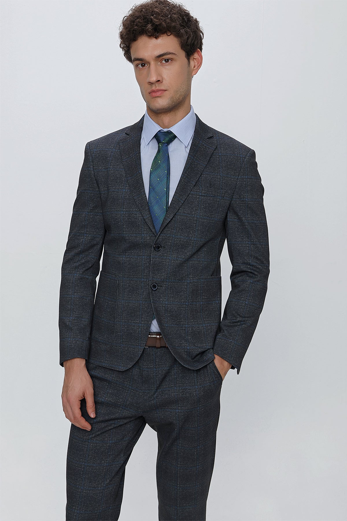 Slim-Fit Check Suit - Navy