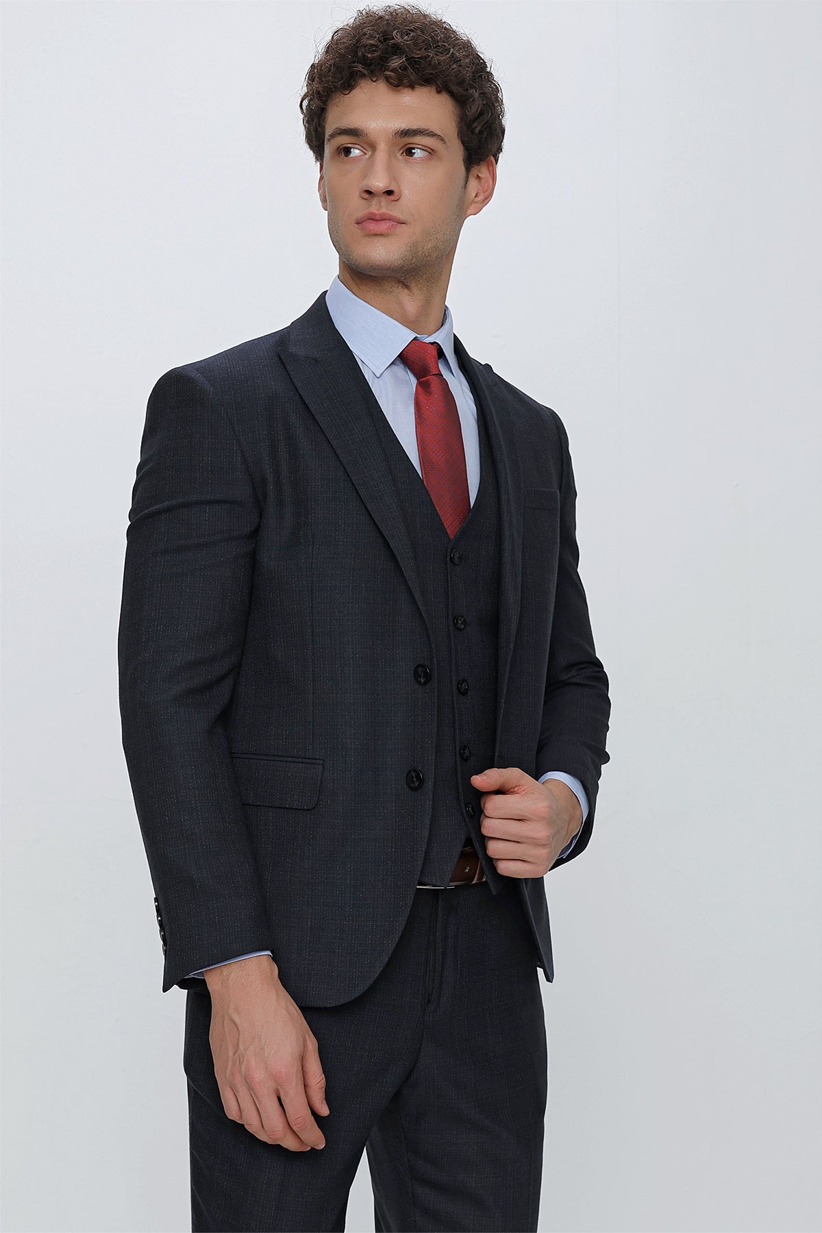 Slim-Fit Check Vest Suit - Dark Navy