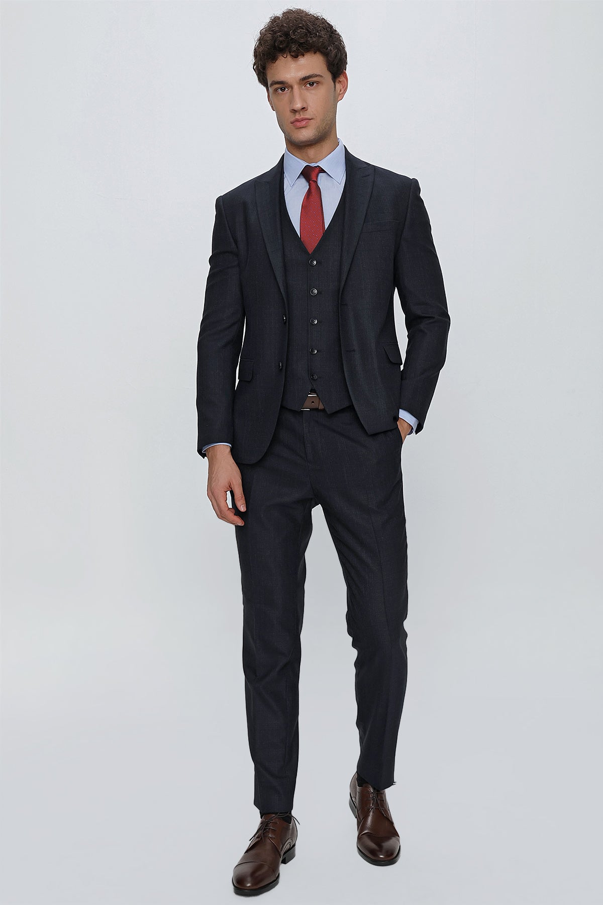 Slim-Fit Check Vest Suit - Dark Navy