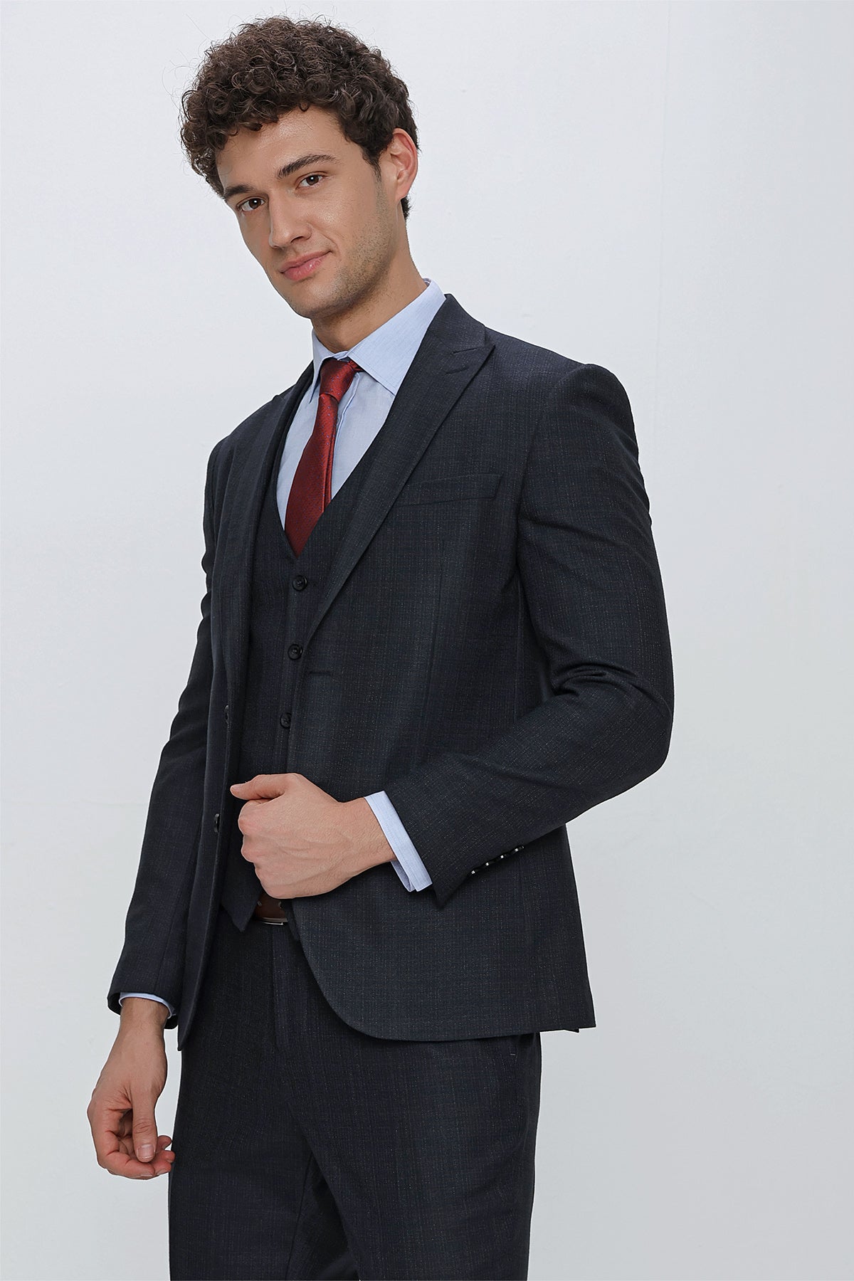 Slim-Fit Check Vest Suit - Dark Navy