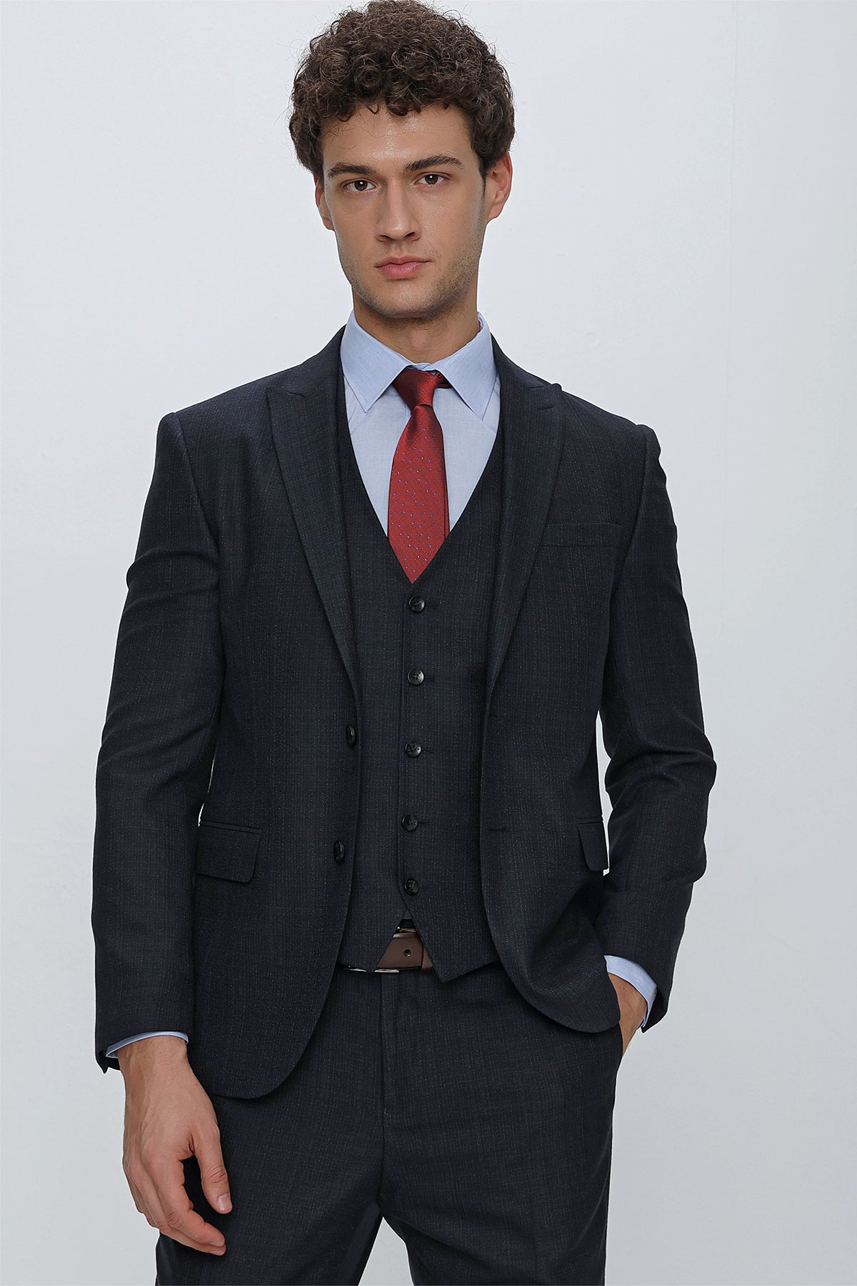 Slim-Fit Check Vest Suit - Dark Navy