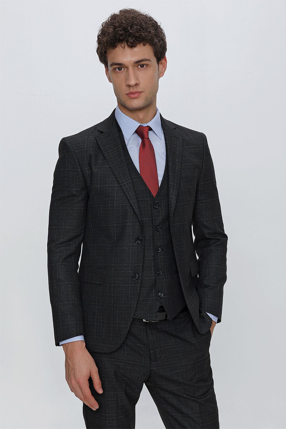 Slim-Fit Check Vest Suit - Dark Grey