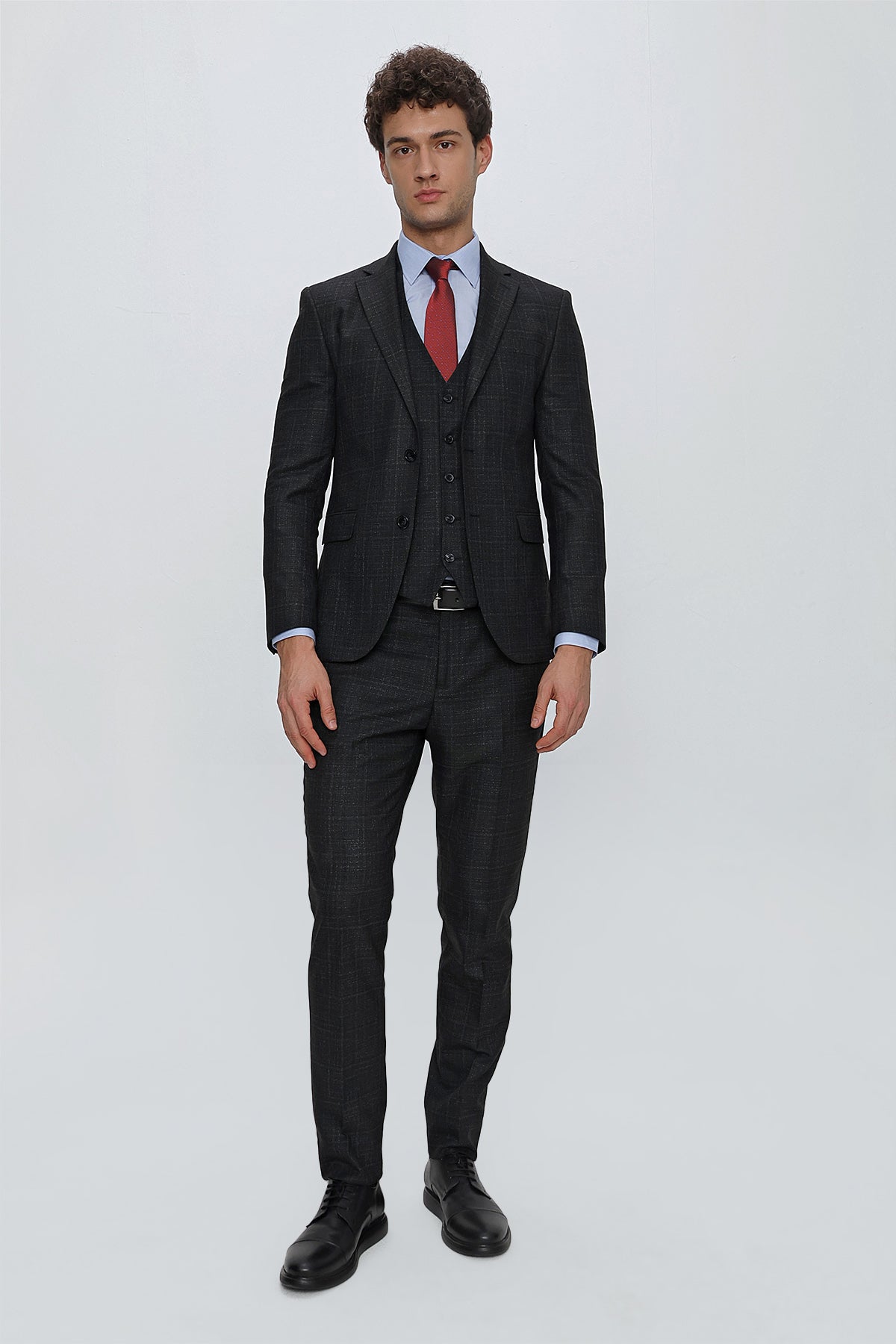 Slim-Fit Check Vest Suit - Dark Grey