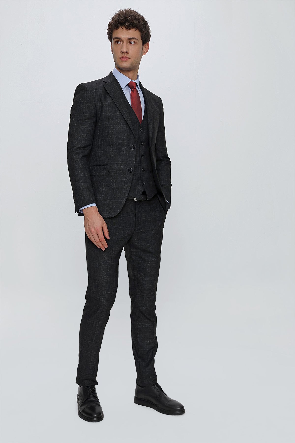 Slim-Fit Check Vest Suit - Dark Grey