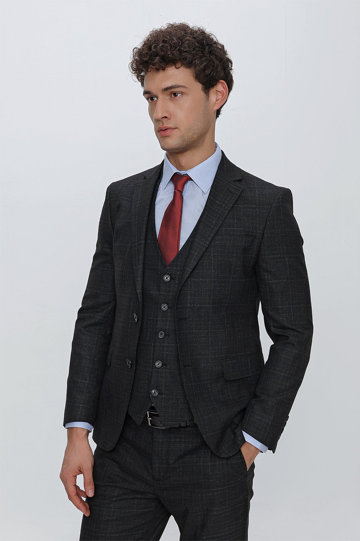 Slim-Fit Check Vest Suit - Dark Grey