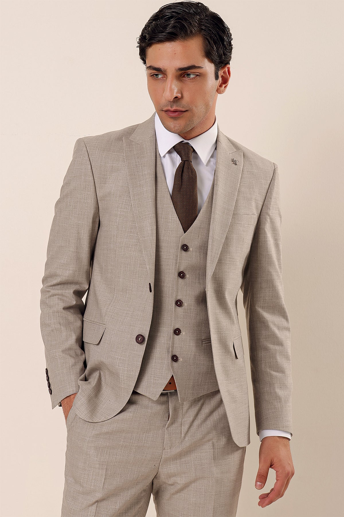 Slim-Fit Vest Suit - Beige