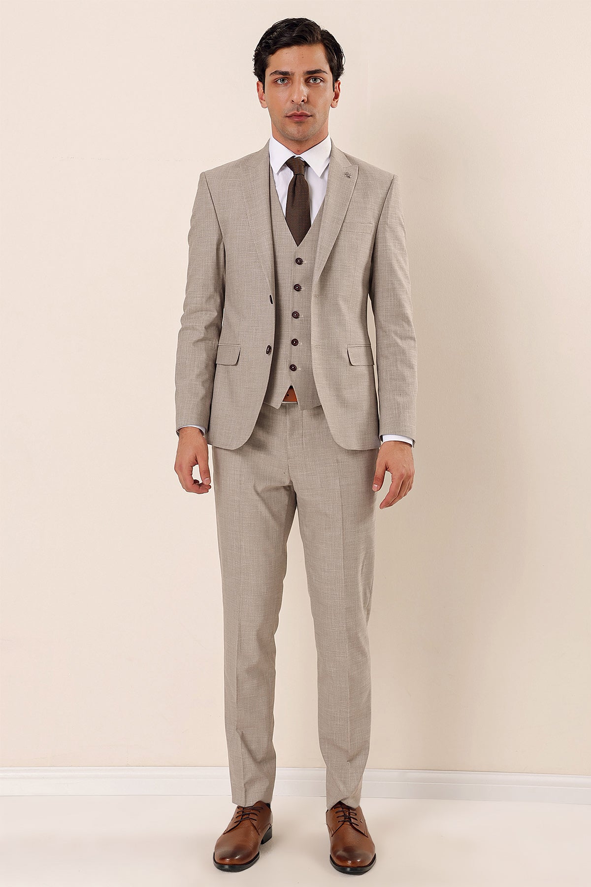 Slim-Fit Vest Suit - Beige