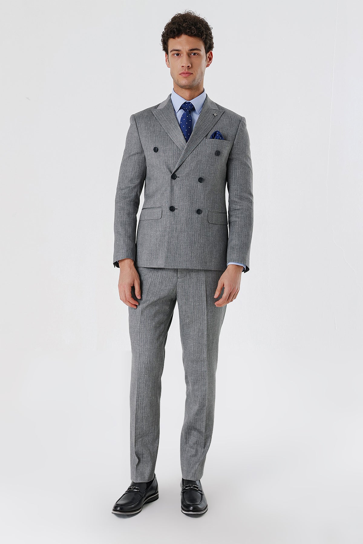 Slim-Fit Linen Double Breasted Suit - Grey