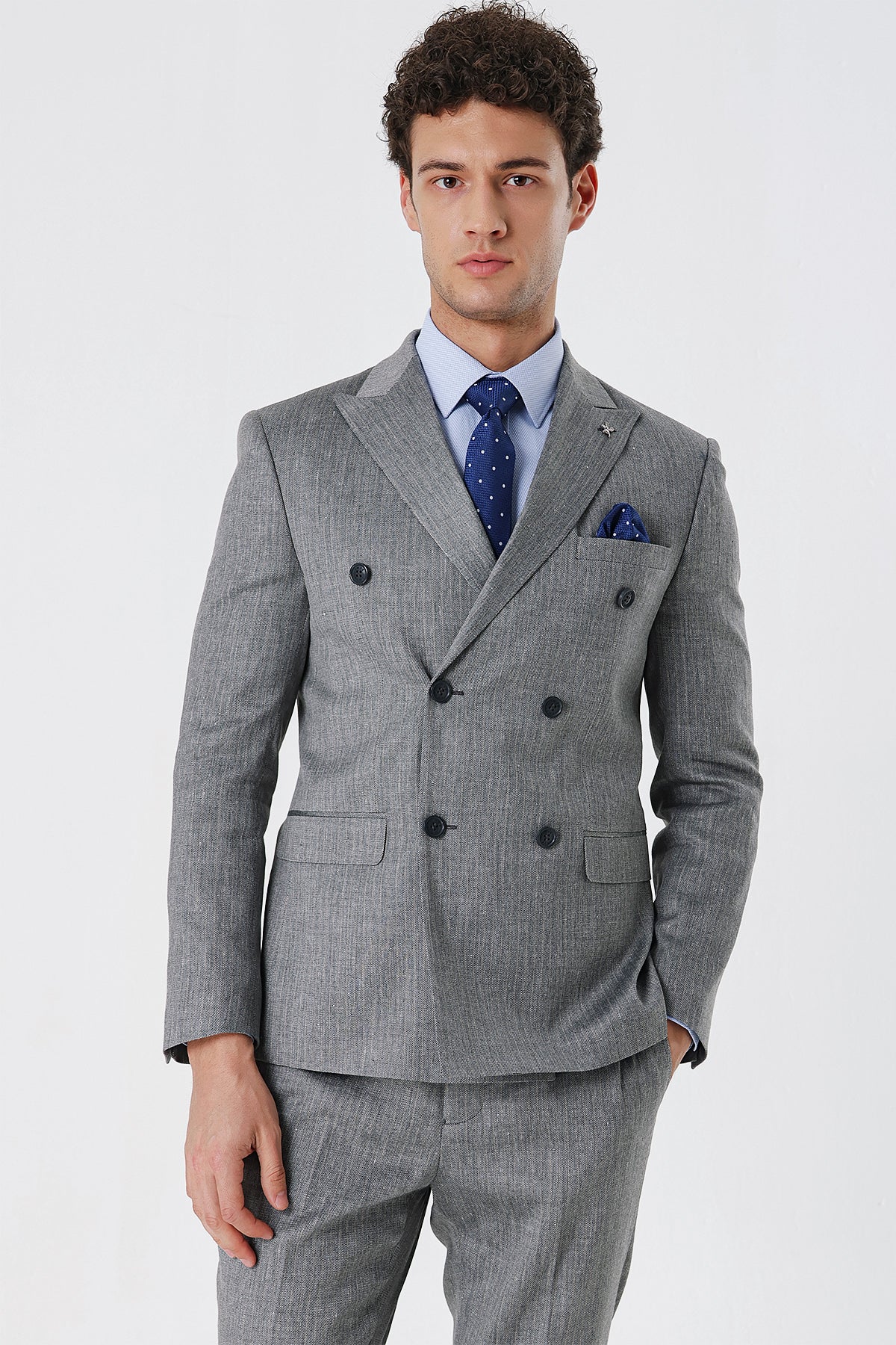 Slim-Fit Linen Double Breasted Suit - Grey