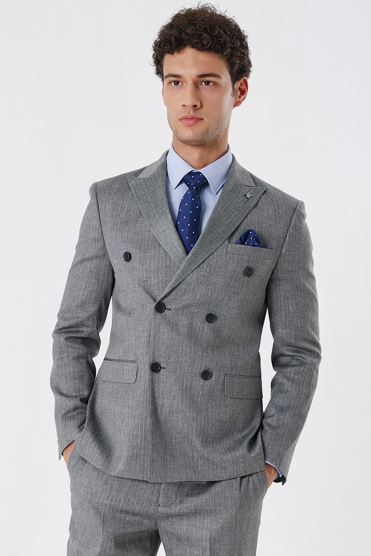 Slim-Fit Linen Double Breasted Suit - Grey