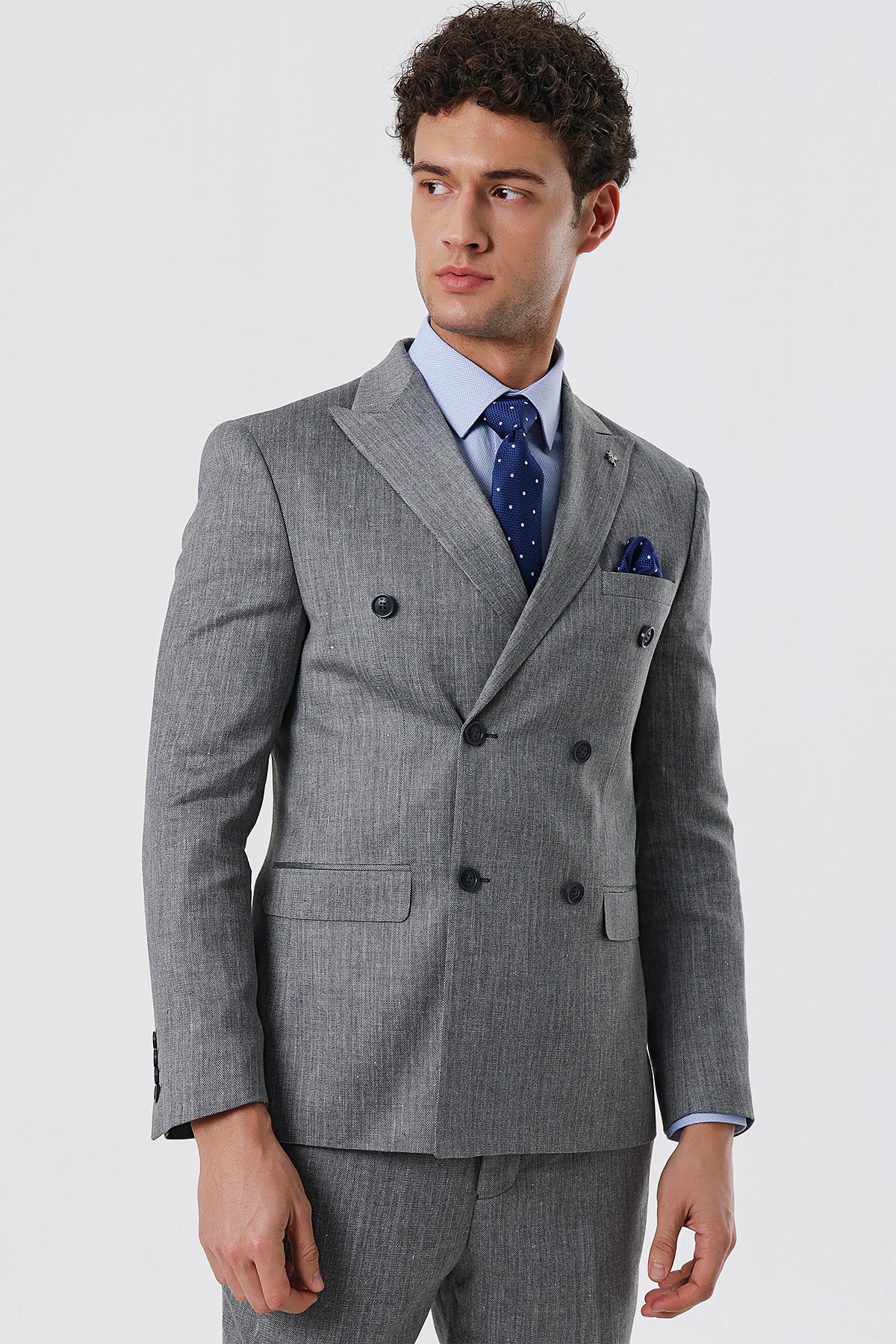 Slim-Fit Linen Double Breasted Suit - Grey