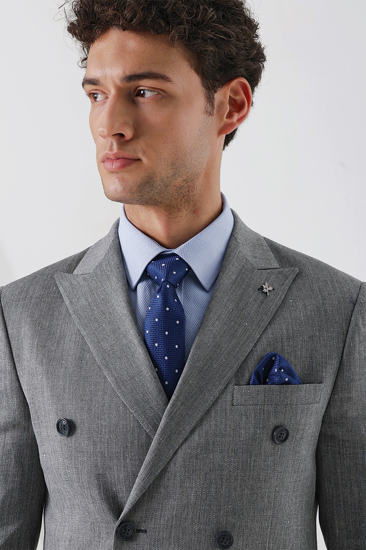 Slim-Fit Linen Double Breasted Suit - Grey