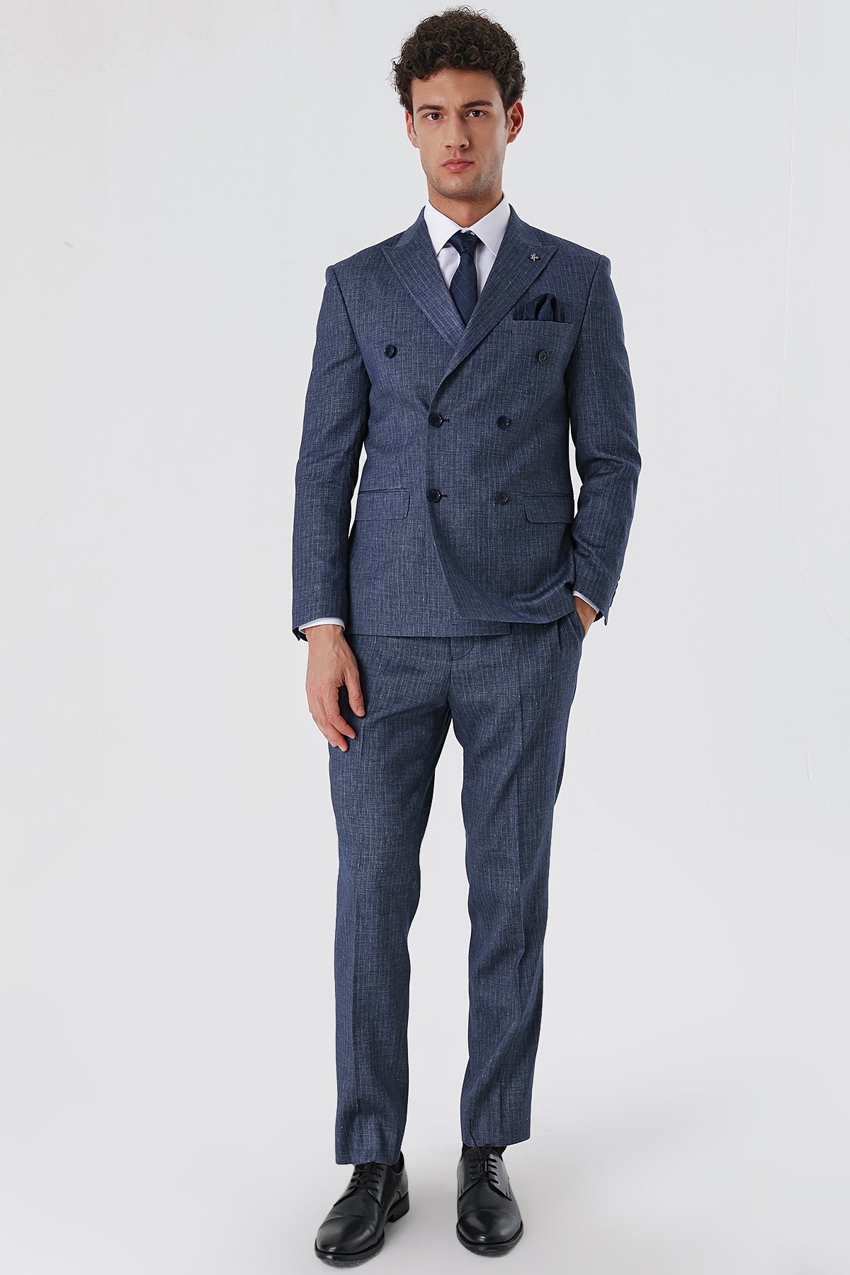 Slim-Fit Linen Double Breasted Suit - Indigo Blue